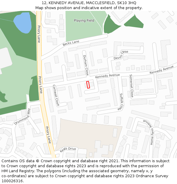 12, KENNEDY AVENUE, MACCLESFIELD, SK10 3HQ: Location map and indicative extent of plot