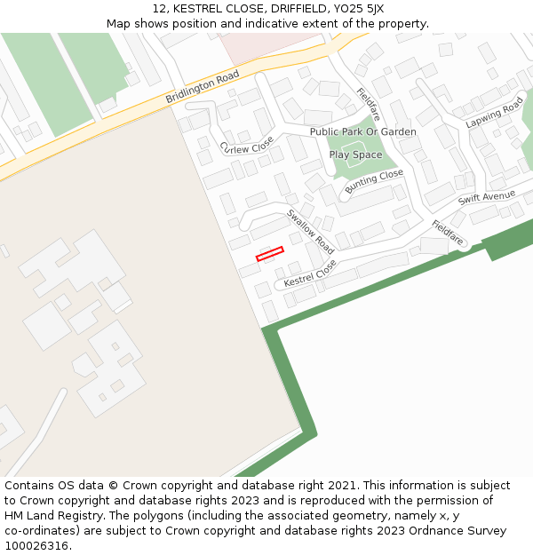 12, KESTREL CLOSE, DRIFFIELD, YO25 5JX: Location map and indicative extent of plot