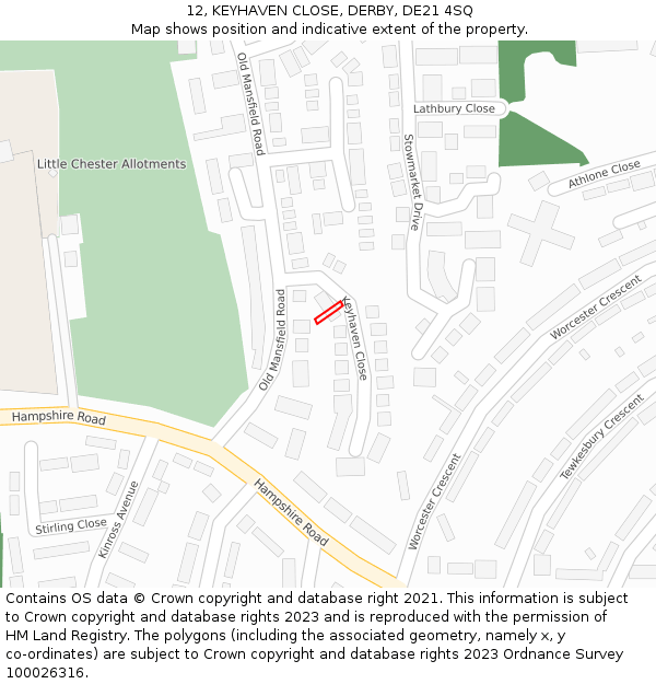 12, KEYHAVEN CLOSE, DERBY, DE21 4SQ: Location map and indicative extent of plot