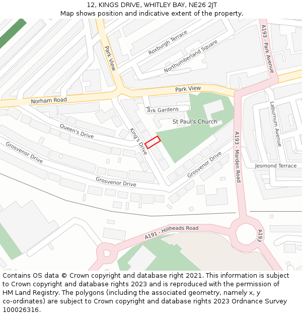 12, KINGS DRIVE, WHITLEY BAY, NE26 2JT: Location map and indicative extent of plot