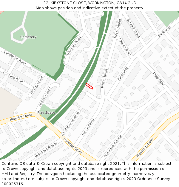 12, KIRKSTONE CLOSE, WORKINGTON, CA14 2UD: Location map and indicative extent of plot