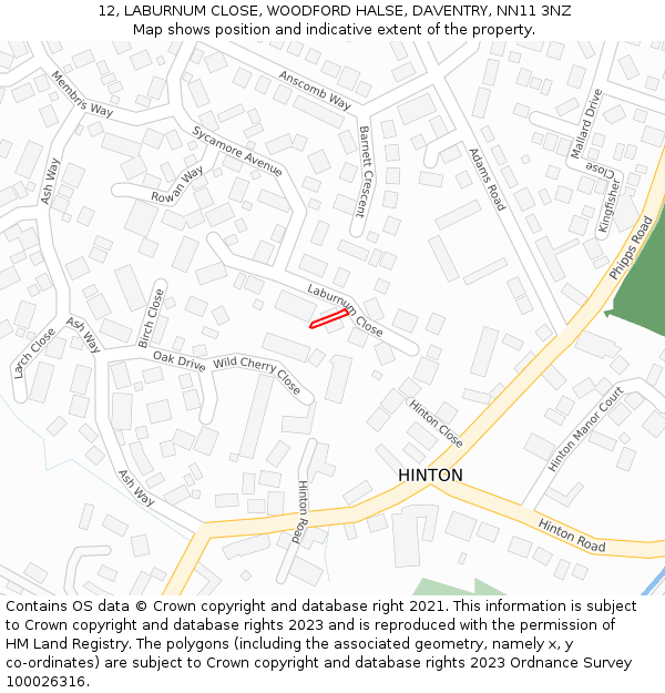 12, LABURNUM CLOSE, WOODFORD HALSE, DAVENTRY, NN11 3NZ: Location map and indicative extent of plot