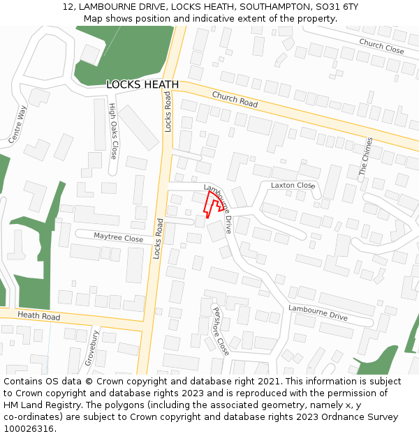 12, LAMBOURNE DRIVE, LOCKS HEATH, SOUTHAMPTON, SO31 6TY: Location map and indicative extent of plot