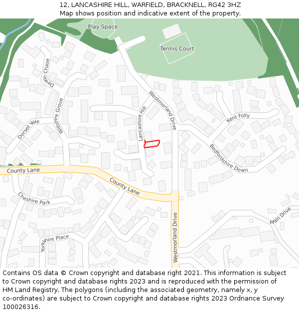 12, LANCASHIRE HILL, WARFIELD, BRACKNELL, RG42 3HZ: Location map and indicative extent of plot