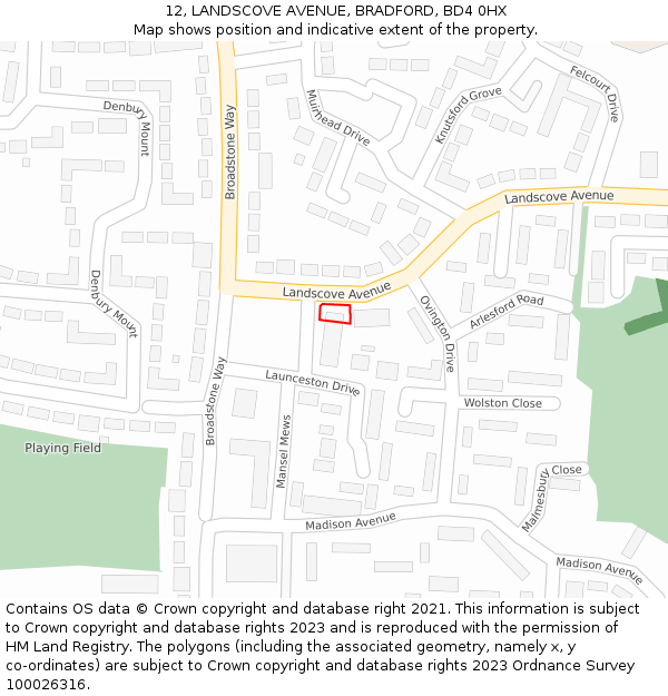 12, LANDSCOVE AVENUE, BRADFORD, BD4 0HX: Location map and indicative extent of plot