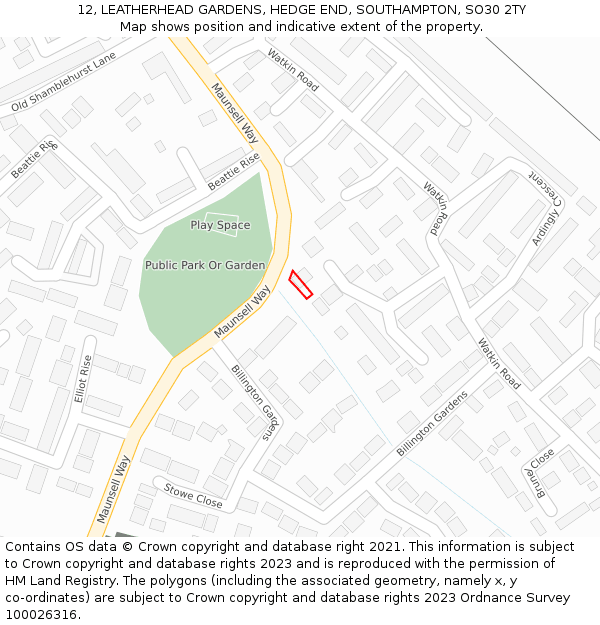 12, LEATHERHEAD GARDENS, HEDGE END, SOUTHAMPTON, SO30 2TY: Location map and indicative extent of plot