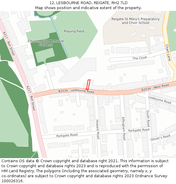 12, LESBOURNE ROAD, REIGATE, RH2 7LD: Location map and indicative extent of plot