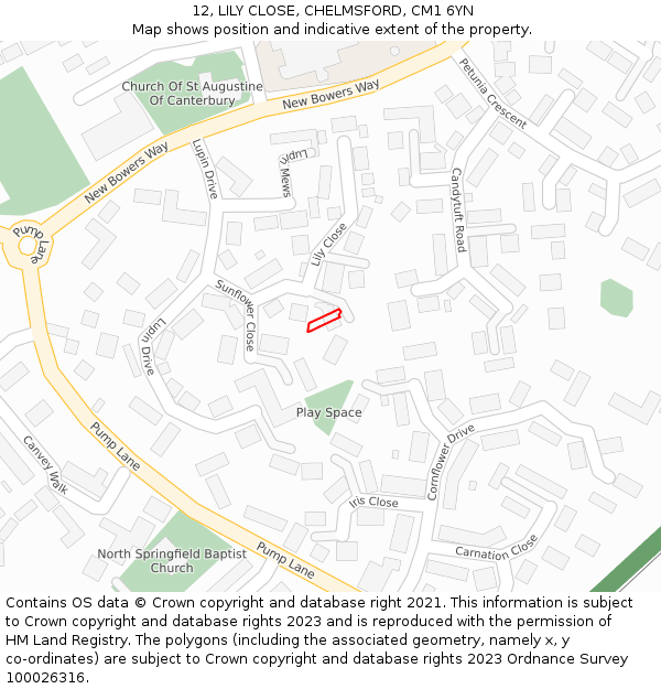 12, LILY CLOSE, CHELMSFORD, CM1 6YN: Location map and indicative extent of plot