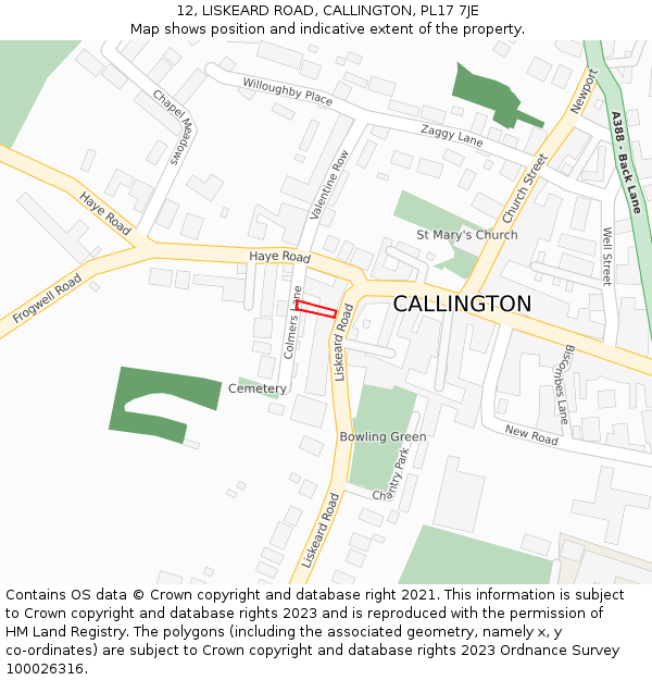 12, LISKEARD ROAD, CALLINGTON, PL17 7JE: Location map and indicative extent of plot