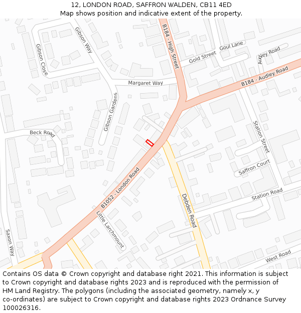 12, LONDON ROAD, SAFFRON WALDEN, CB11 4ED: Location map and indicative extent of plot