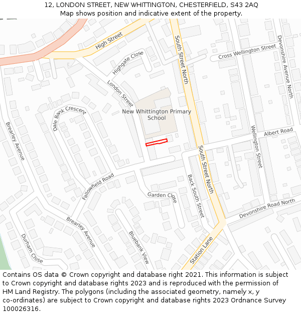12, LONDON STREET, NEW WHITTINGTON, CHESTERFIELD, S43 2AQ: Location map and indicative extent of plot