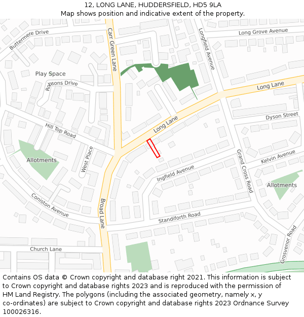 12, LONG LANE, HUDDERSFIELD, HD5 9LA: Location map and indicative extent of plot