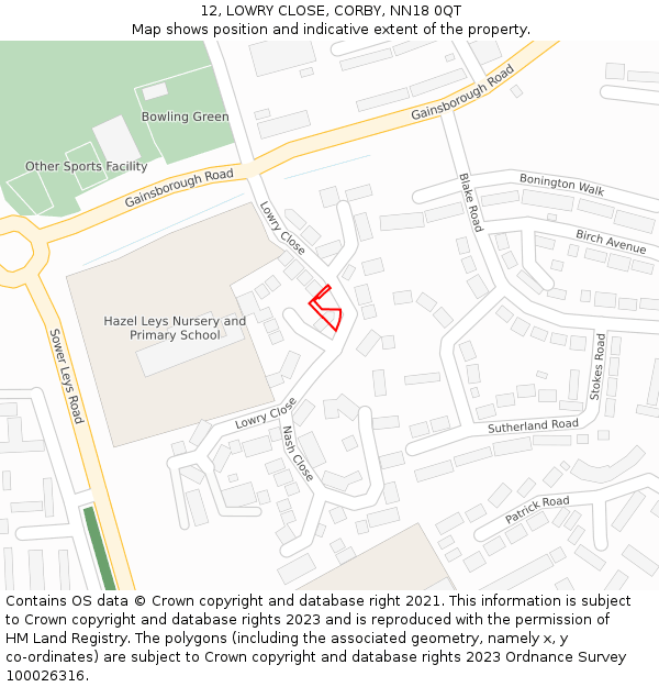 12, LOWRY CLOSE, CORBY, NN18 0QT: Location map and indicative extent of plot