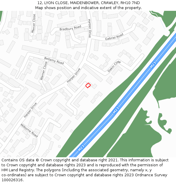 12, LYON CLOSE, MAIDENBOWER, CRAWLEY, RH10 7ND: Location map and indicative extent of plot