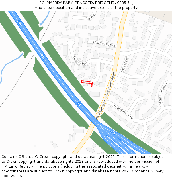 12, MAERDY PARK, PENCOED, BRIDGEND, CF35 5HJ: Location map and indicative extent of plot