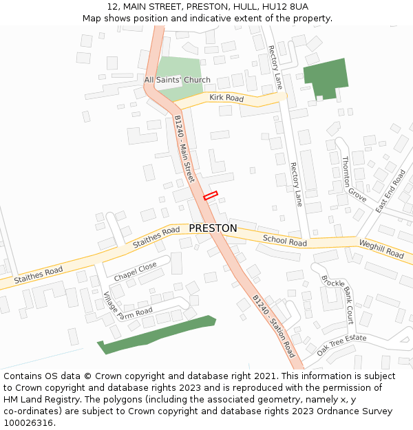 12, MAIN STREET, PRESTON, HULL, HU12 8UA: Location map and indicative extent of plot