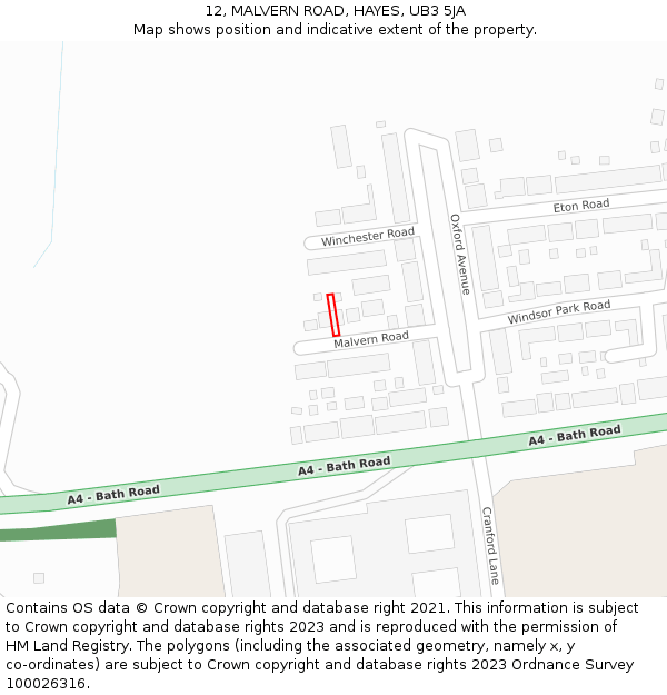 12, MALVERN ROAD, HAYES, UB3 5JA: Location map and indicative extent of plot