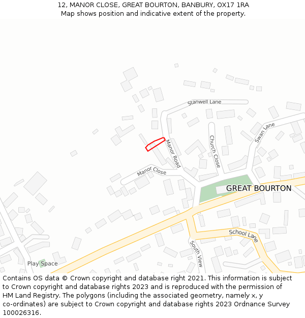 12, MANOR CLOSE, GREAT BOURTON, BANBURY, OX17 1RA: Location map and indicative extent of plot
