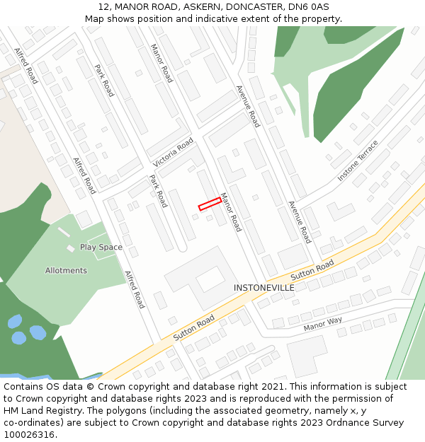 12, MANOR ROAD, ASKERN, DONCASTER, DN6 0AS: Location map and indicative extent of plot