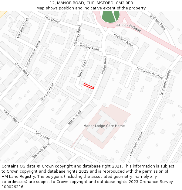 12, MANOR ROAD, CHELMSFORD, CM2 0ER: Location map and indicative extent of plot