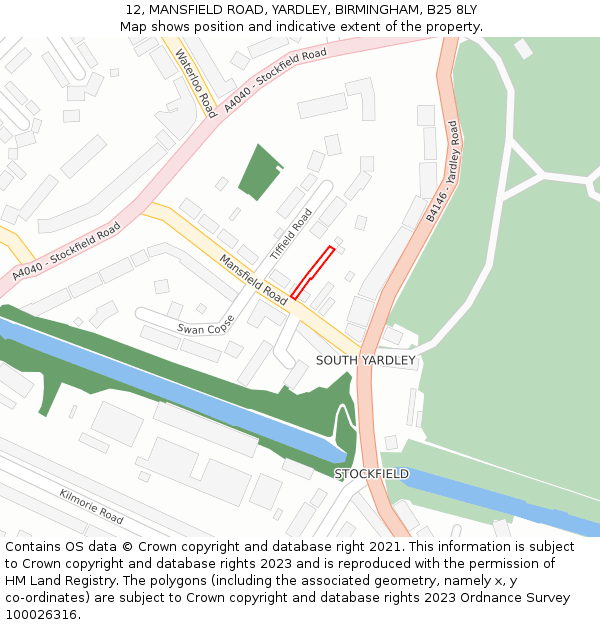 12, MANSFIELD ROAD, YARDLEY, BIRMINGHAM, B25 8LY: Location map and indicative extent of plot