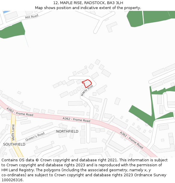 12, MAPLE RISE, RADSTOCK, BA3 3LH: Location map and indicative extent of plot