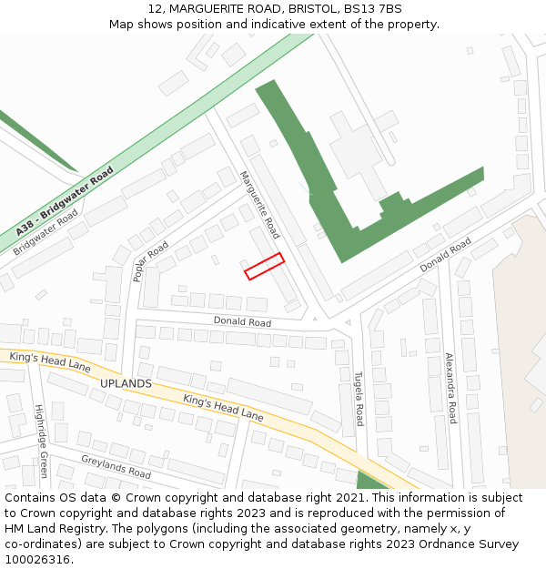 12, MARGUERITE ROAD, BRISTOL, BS13 7BS: Location map and indicative extent of plot