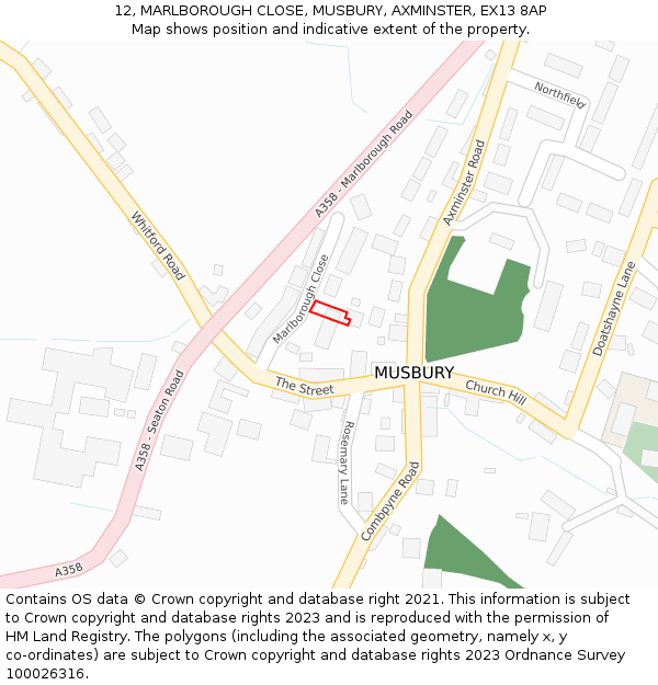 12, MARLBOROUGH CLOSE, MUSBURY, AXMINSTER, EX13 8AP: Location map and indicative extent of plot