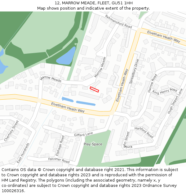 12, MARROW MEADE, FLEET, GU51 1HH: Location map and indicative extent of plot