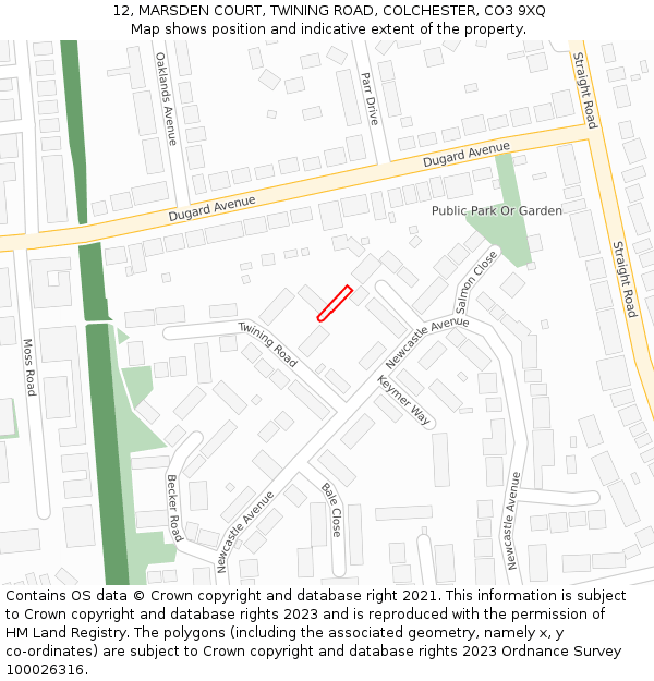 12, MARSDEN COURT, TWINING ROAD, COLCHESTER, CO3 9XQ: Location map and indicative extent of plot