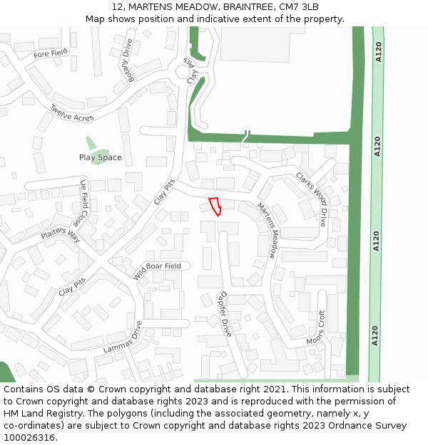 12, MARTENS MEADOW, BRAINTREE, CM7 3LB: Location map and indicative extent of plot