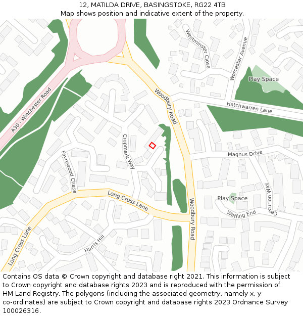 12, MATILDA DRIVE, BASINGSTOKE, RG22 4TB: Location map and indicative extent of plot