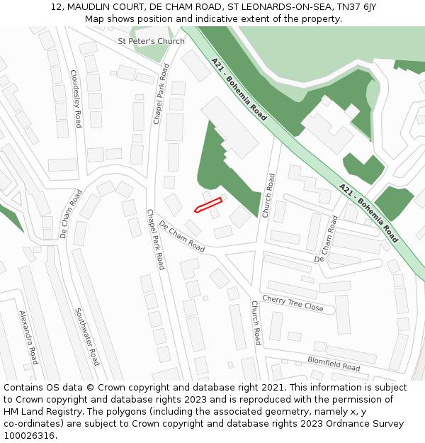 12, MAUDLIN COURT, DE CHAM ROAD, ST LEONARDS-ON-SEA, TN37 6JY: Location map and indicative extent of plot