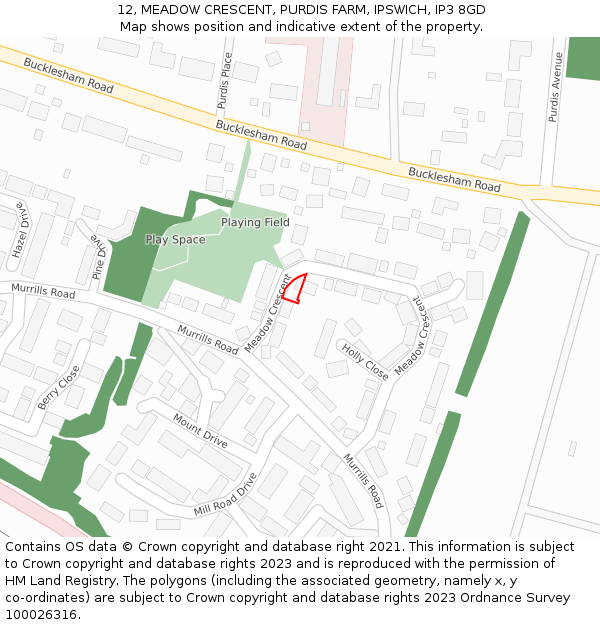 12, MEADOW CRESCENT, PURDIS FARM, IPSWICH, IP3 8GD: Location map and indicative extent of plot