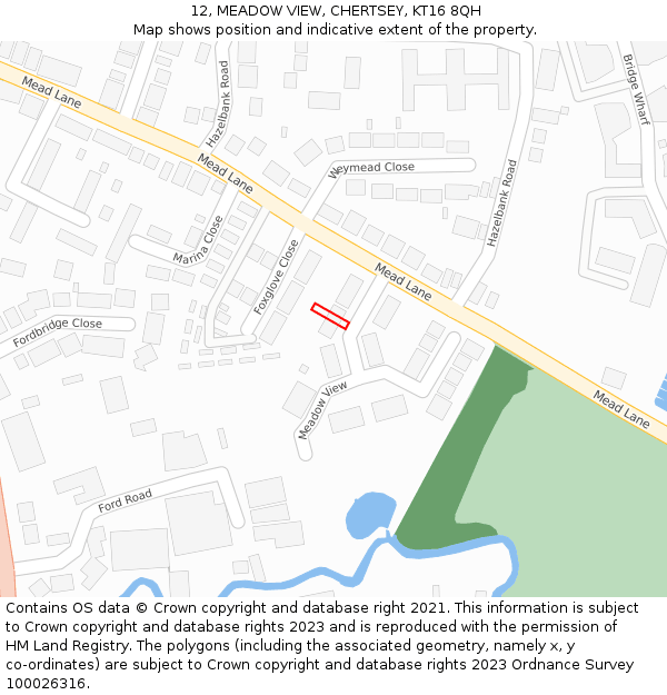 12, MEADOW VIEW, CHERTSEY, KT16 8QH: Location map and indicative extent of plot