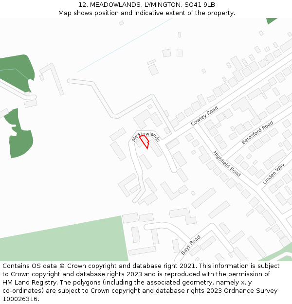 12, MEADOWLANDS, LYMINGTON, SO41 9LB: Location map and indicative extent of plot