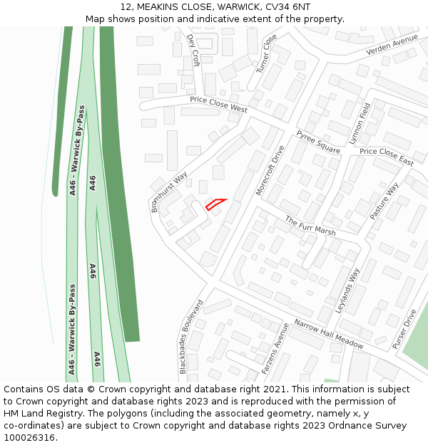 12, MEAKINS CLOSE, WARWICK, CV34 6NT: Location map and indicative extent of plot