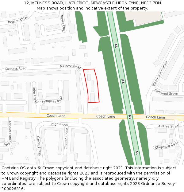 12, MELNESS ROAD, HAZLERIGG, NEWCASTLE UPON TYNE, NE13 7BN: Location map and indicative extent of plot