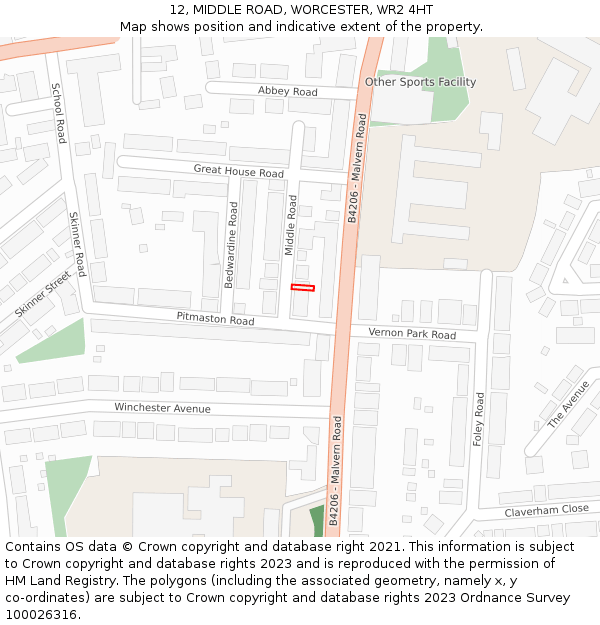 12, MIDDLE ROAD, WORCESTER, WR2 4HT: Location map and indicative extent of plot