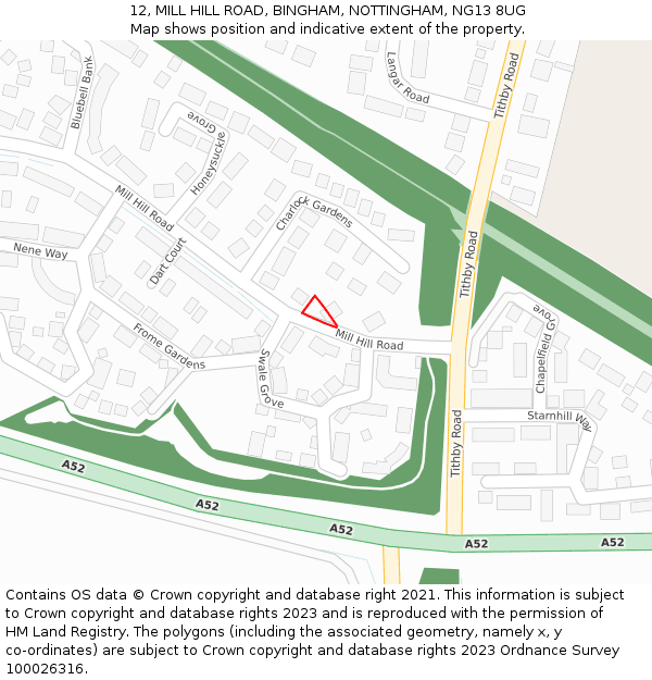 12, MILL HILL ROAD, BINGHAM, NOTTINGHAM, NG13 8UG: Location map and indicative extent of plot