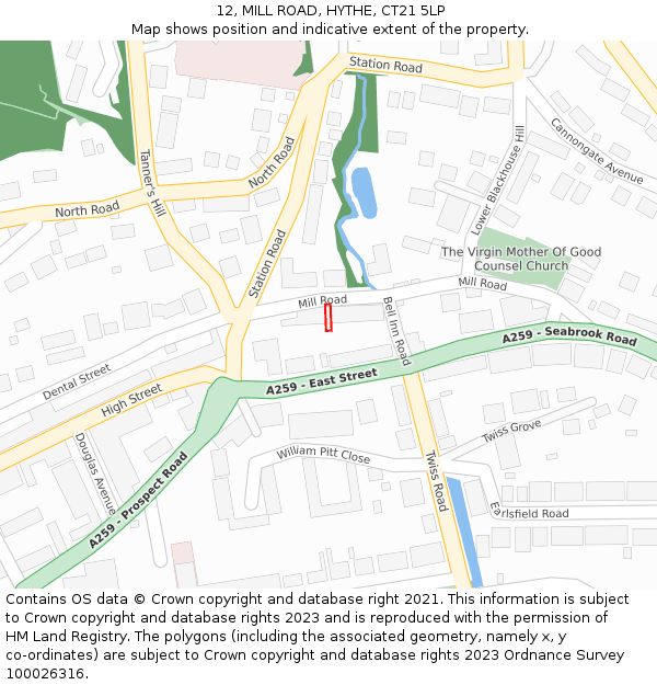 12, MILL ROAD, HYTHE, CT21 5LP: Location map and indicative extent of plot