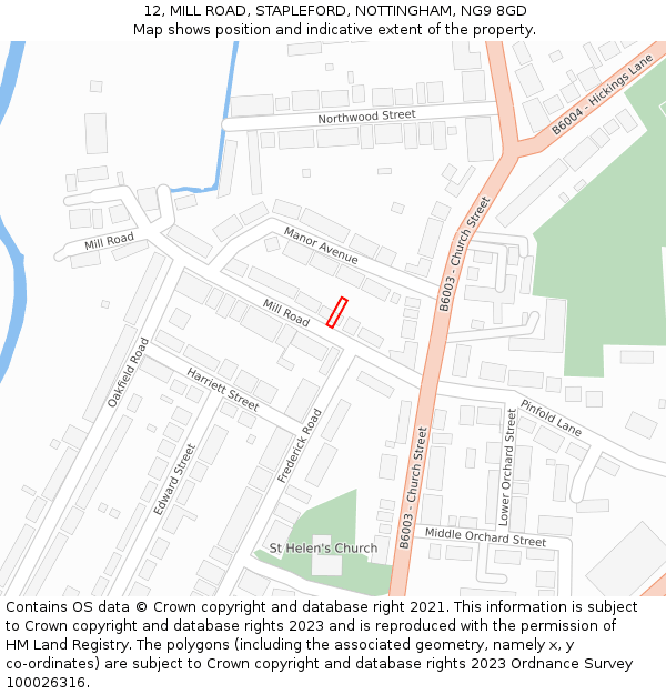 12, MILL ROAD, STAPLEFORD, NOTTINGHAM, NG9 8GD: Location map and indicative extent of plot