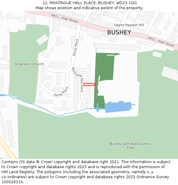 12, MONTAGUE HALL PLACE, BUSHEY, WD23 1QG: Location map and indicative extent of plot