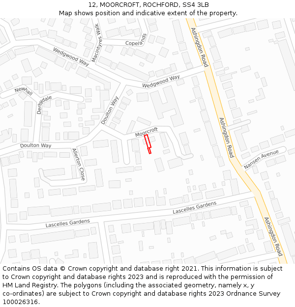 12, MOORCROFT, ROCHFORD, SS4 3LB: Location map and indicative extent of plot