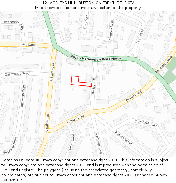 12, MORLEYS HILL, BURTON-ON-TRENT, DE13 0TA: Location map and indicative extent of plot