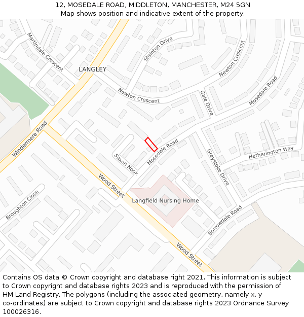 12, MOSEDALE ROAD, MIDDLETON, MANCHESTER, M24 5GN: Location map and indicative extent of plot