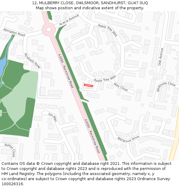 12, MULBERRY CLOSE, OWLSMOOR, SANDHURST, GU47 0UQ: Location map and indicative extent of plot