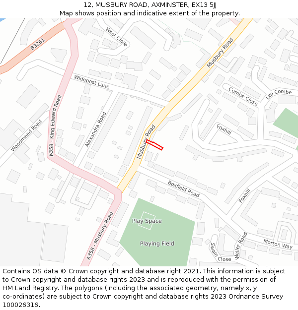 12, MUSBURY ROAD, AXMINSTER, EX13 5JJ: Location map and indicative extent of plot