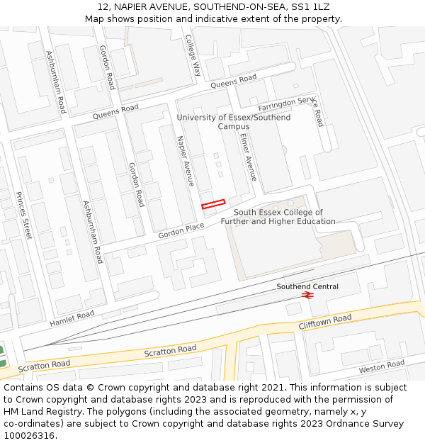 12, NAPIER AVENUE, SOUTHEND-ON-SEA, SS1 1LZ: Location map and indicative extent of plot