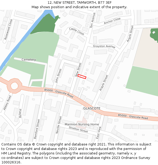 12, NEW STREET, TAMWORTH, B77 3EF: Location map and indicative extent of plot